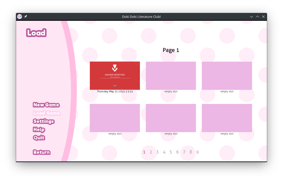 Load Game screen in Doki Doki. There is one savegame with a preview picture that shows the Valorant Hacker Detected screen